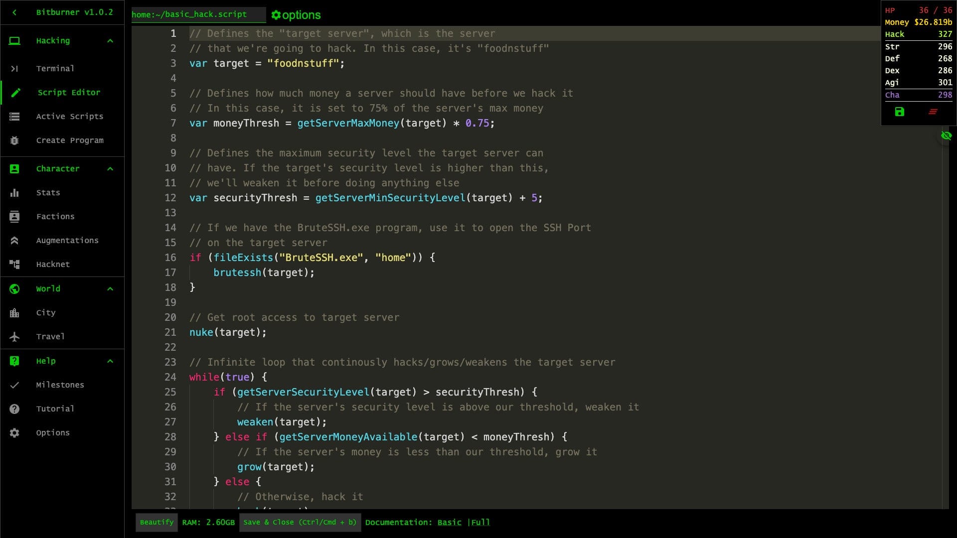 Bitburner — incremental programming game screenshot