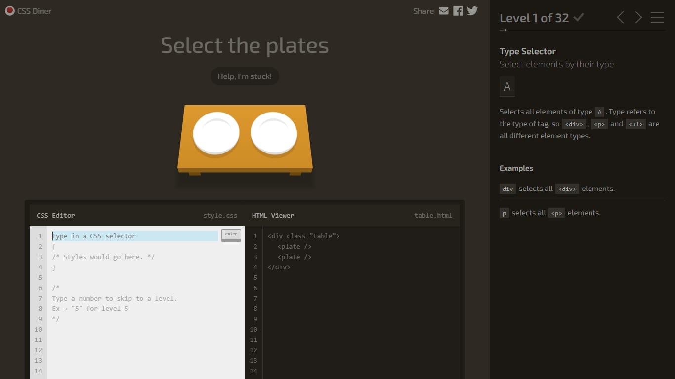 CSS Diner — learning programming game screenshot