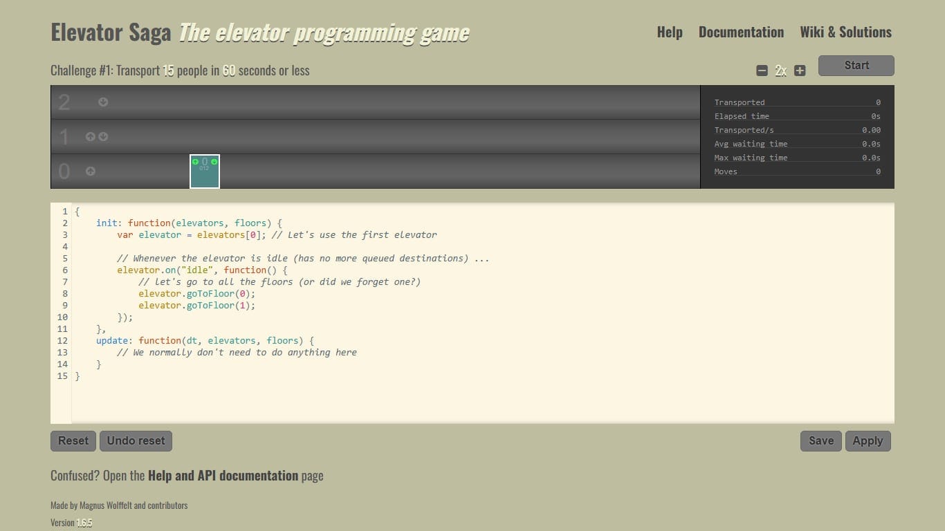 Elevator Saga — code puzzles programming game screenshot