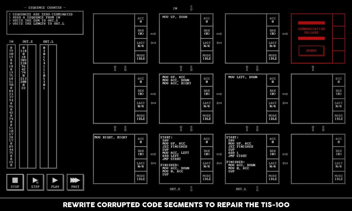 TIS-100 — assembly puzzle programming game screenshot